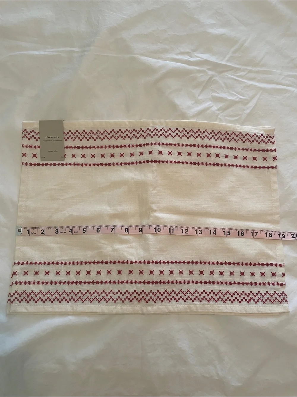 NWT West Elm Embroidered Cream Placemat with Red Cross-Stitch Trim